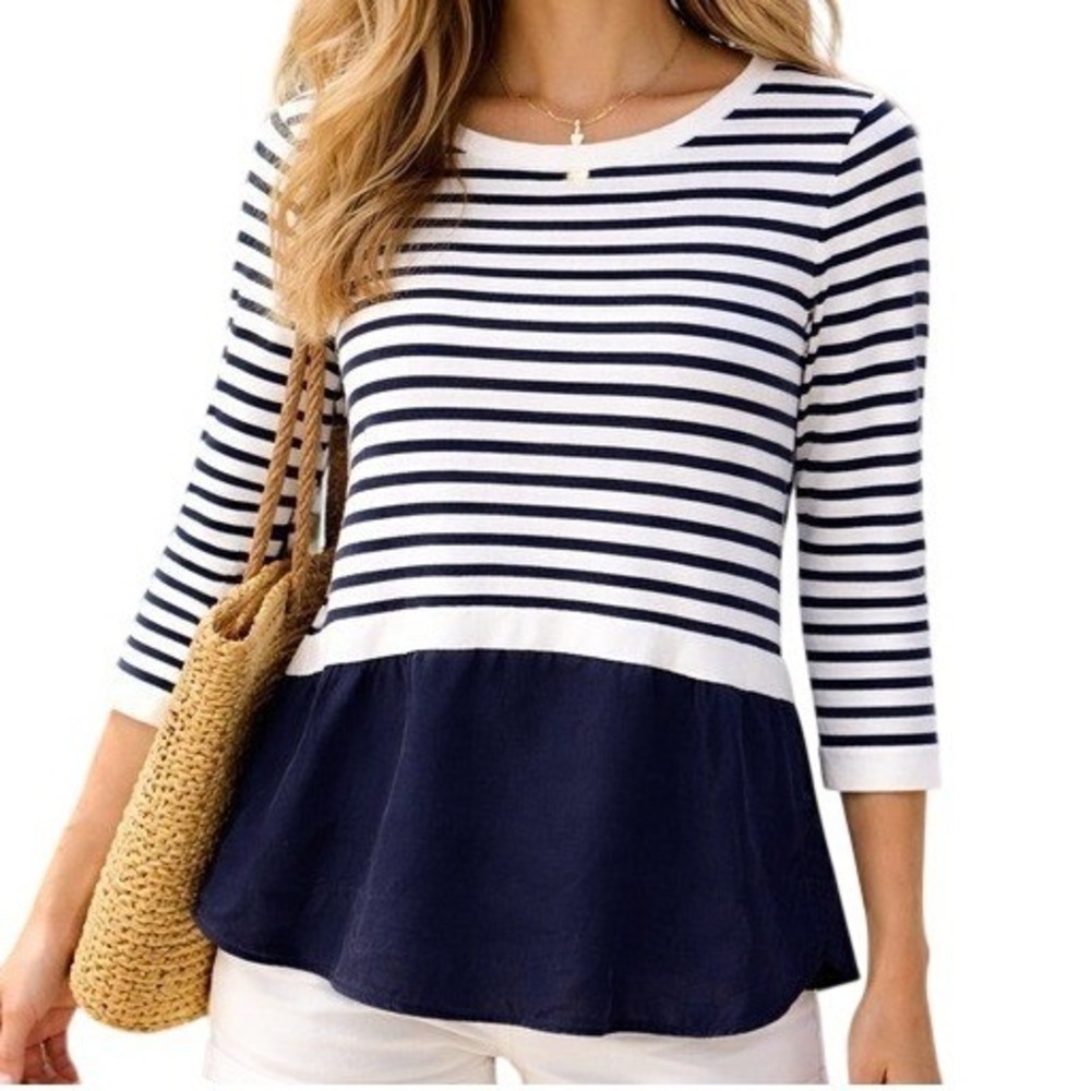 COS‎ Womens Silk Panel Top Navy Striped XS Nautical Preppy Coastal Fishermancore